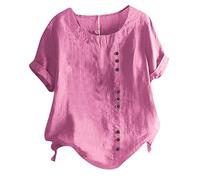 AMDOLE O-cuello mangas botón corto mujeres moda vintage flores señora top blusa camisa para mujer tops de mujer Crop Tops señoras, Rosa intenso., L