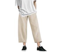 AMDOLE Pantalones algodón mujer cintura cosecha flojo color puro y pantalones lino elástico con bolsillo mujeres pantalones casuales pantalones mujer 42, beige, M