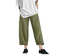 AMDOLE Pantalones algodón mujer cintura cosecha suelta color puro y pantalones de lino elástico con bolsillo mujeres pantalones casuales mujer pantalones cortos verano 3/4, Verde militar., XXL