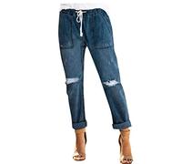 AMDOLE Pantalones cargo Mujer Pull-on Deprimido Denim Jogger Cintura Elástica Pantalones Elásticos Pantalones Mujer Elástico Alto, azul, M