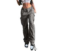 AMDOLE Pantalones de chándal largos para mujer con pierna recta, drapeados y pierna ancha, pantalones adelgazantes de cintura alta para mujer, gris oscuro, S