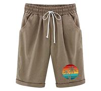 AMDOLE Pantalones de chándal largos para mujer, estampado de árbol de coco, verano, cordones, playa, algodón, entrenamiento, bolsillo, cinco puntos, pantalones vaqueros holgados, caqui, M