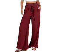 AMDOLE Pantalones de chándal largos para mujer, pantalones casuales de algodón liso y lino con bolsillos de patchwork y cintura elástica, pantalones sueltos para mujer, Vino, S