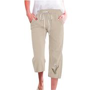 AMDOLE Pantalones de chándal para mujer Casual Primavera Verano Algodón Lino Estampado Bolsillo Suelto Cosechado Pantalones Jogging Señoras Baggy, caqui, 3XL