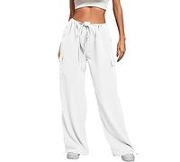 AMDOLE Pantalones de chándal para mujer con cordón, cintura elástica, pierna ancha, pantalones con bolsillo, holgados y cómodos vaqueros de cintura alta para mujer, Blanco, L