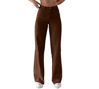 AMDOLE Pantalones de chándal para mujer, talla corta, color normal, holgados, delgados, de cintura recta, pantalones vaqueros casuales para mujer, marrón, L