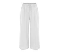 AMDOLE Pantalones de chándal para mujer, talla corta, pantalones de lino Palazzo, pierna ancha, cordón, informal, suelto, cosecha, cintura elástica, algodón, pantalones de playa para mujer, Blanco