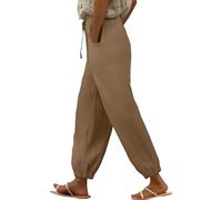 AMDOLE Pantalones de lino de algodón para mujer, color liso, cintura elástica, pantalones de verano para descansar, pantalones de descanso, pantalones casuales de pierna recta con bolsillos, café, XL