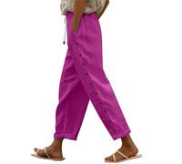 AMDOLE Pantalones de lino para mujer y lino, color sólido, cintura elástica, con bolsillos, botones laterales, pantalones de nueve cuartos, pantalones casuales sueltos para mujer, Rosa intenso., XXL