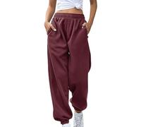 AMDOLE Pantalones de mujer sin cordón, pantalones de jogging, entrenamiento, cintura alta, pantalones de yoga con bolsillos, pantalones con goma elástica, talla corta, Vino, M