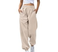 AMDOLE Pantalones de mujer sin cordón, pantalones de jogging, entrenamiento, cintura alta, pantalones de yoga con bolsillos, pantalones con goma elástica, talla corta, beige, M