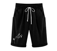 AMDOLE Pantalones de rehabilitación para mujer, laterales abiertos, de algodón, lino, con estampado de diente de león, con bolsillos, pantalones cortos de cinco puntos, ajustados, Negro , L