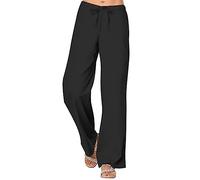 AMDOLE Pantalones elásticos de cintura para mujer, lisos, sueltos, rectos, con bolsillos, pantalones elásticos para mujer, Negro , S