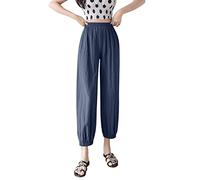 AMDOLE Pantalones holgados para mujer y mujer, bolsillo de lino de algodón sólido, cintura elástica, pantalones sueltos, pantalones 3/4 para mujer, gris, L