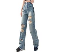 AMDOLE Pantalones mujer moda pierna ancha pantalones rasgados jeans verano cintura alta recta suelta diseño delgado nueve pantalones pantalones de chándal mujer holgados, a, M