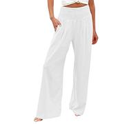 AMDOLE Pantalones Palazzo de cintura alta, pierna ancha, pantalones para mujer, smocket, cintura elástica, holgados, cómodos, pantalones casuales, bolsillos, pantalones blancos 3/4 para mujer, Blanco