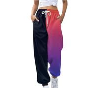 AMDOLE Pantalones para mujer, sueltos, transpirables, bloques de color, degradado, pantalones de ocio, bolsillos laterales, abertura de la pierna, cordón, pantalones de ocio para mujer, pantalones de