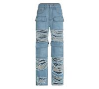 AMDOLE Pantalones vaqueros holgados para mujer, con costuras en los bolsillos, agujero ahuecado Beggar Street, informal, recto, cintura alta, pantalones vaqueros para mujer, azul, S