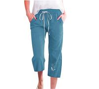 AMDOLE Pantalones vaqueros holgados para mujer, informales, primavera, verano, algodón, lino, estampado de bolsillo, pantalones sueltos de cosecha, pantalones de chándal largos, azul celeste, 3XL