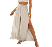 AMDOLE Pantalones vaqueros holgados para mujer, lisos, modernos, informales, de seda de hielo, con botón arrugado y hendidura, elásticos, beige, L