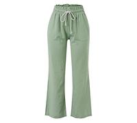 AMDOLE Pantalones vaqueros para mujer, cintura alta, algodón y lino, color sólido, holgados, pantalones casuales con pierna ancha para cordones para mujer pantalones de chándal holgados, verde, M