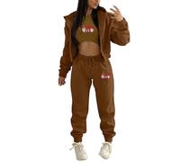 AMDOLE Peto para mujer Chándal casual para mujer para invierno top, chaleco, pantalón, sudadera de color sólido de moda con cremallera y capucha, pantalones casuales de tres piezas, marrón, M