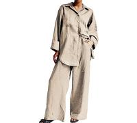 AMDOLE Peto para mujer, traje de algodón y lino de 2 piezas para mujer, trajes de trabajo elegantes de verano, ropa de calle, camisetas con botones y traje de pantalón, pantalones holgados, beige, M