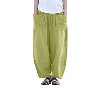 AMDOLE Primavera y Verano Mujeres Retro Recto Bolsillos Lisos Pantalones Casual Algodón Pantalones Blancos Mujer Tallas Grandes, amarillo, S