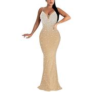 AMDOLE Ropa gótica para mujer, sexy, con cuentas para uñas, vestido de noche, largo, beige, XXL