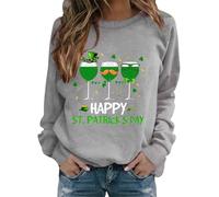 AMDOLE Sudadera de manga larga para mujer, cuello redondo, estampado casual de copa de vino verde, gris, L