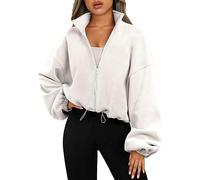 AMDOLE Sudadera gráfica para mujer, chaqueta corta de forro polar con cremallera completa, cálida para invierno, manga larga, cuello alto, abrigo corto estilo novio, suéter de gran tamaño, New1-beige