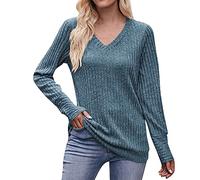 AMDOLE Sudadera Mujer Camiseta de Manga Larga para Mujer Moda Cuello en V Color Sólido Blusa Casual Blusas Bisutería Perlas, azul, XXL