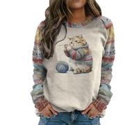 AMDOLE Sudadera para mujer con estampado de gatos y animales, manga larga, cuello redondo, ropa casual, ropa de otoño 2023, suéter vintage, caqui, XXL