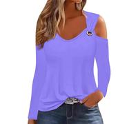 AMDOLE Top de manga larga con botones de metal liso para mujer, camiseta deportiva para mujer, morado, S