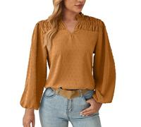 AMDOLE Top elegante de gasa para mujer, para primavera/verano, cuello en V, plisado, jacquard, manga larga, blusa larga para mujer, amarillo, L
