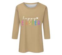 AMDOLE Tops con purpurina para mujer, camisetas informales de verano, manga tres cuartos, cuello redondo, camiseta de San Valentín, estampada, holgada, con divisiones laterales, blusa de verano, caqui