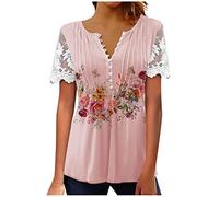 AMDOLE Tops de mujer elegantes tops de encaje para mujer, adecuado para la moda, camisa de manga corta de malla transparente con cuello en V, informal, túnica entallada, blusa elegante, Rosa., XL