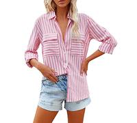 AMDOLE Tops elegantes para mujer camisas a rayas con botones para mujer informales de manga larga elegantes blusas con cuello en V y bolsillos Tops mujer sexy, Rosa., S