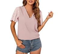 AMDOLE Tops Mujer Sexy Mujeres Cuello en V Encaje Camiseta Patchwork Manga Corta Mujer Tops Casual Solid Female Camisetas Crop Tops Mujer Tops Mujer, RD2., S