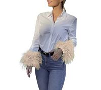 AMDOLE Tops Mujer Sólido Cuello Volteo Pluma Manga Larga Camisa Blusa Botón Túnica Suelta Top Tops para Mujer, Rosa., L