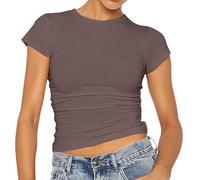 AMDOLE Tops para mujer, camiseta de manga corta y cuello redondo, camiseta sin abdomen, básica, color sólido, ajustada, corte estrecho, camisa corta, entrenamiento, yoga, verano, marrón, XL