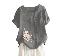 AMDOLE Tops para mujer de fiesta de algodón y lino con corte holgado, estampado floral informal, manga corta y botones, gris, 5XL