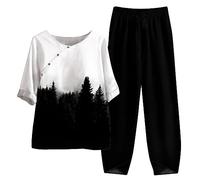 AMDOLE Traje de mujer de algodón de lino de 5 mangas blusa, pantalones, pantalones de dos piezas para mujer, Negro , 5XL