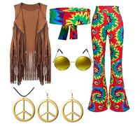AMDOLE Traje de pantalón deportivo para mujer, conjunto de seis piezas para mujer, carnaval, fiesta hippie, ropa retro, chaleco borla + pantalones + pañuelo + pendientes + gafas + collar pantalones