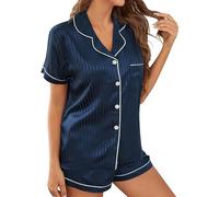 AMDOLE Traje de pantalón deportivo para mujer de dos piezas para el 2023, camiseta de manga corta con cuello en V y pantalones cortos, chándal para mujer, azul oscuro, S