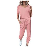 AMDOLE Traje de pantalón para mujer Color Ocio Corto 2 piezas Pantalones de chándal Conjuntos Traje Manga Pure Pocket Home Trajes y Conjuntos Pantalones de Mujer, Rosa., L