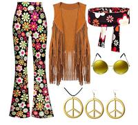 AMDOLE Traje de pantalón para mujer, conjunto de seis piezas para mujer, carnaval, fiesta hippie, ropa retro, chaleco borla + pantalones + pañuelo + pendientes + gafas + collar de mujer pantalones
