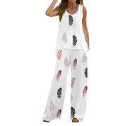 AMDOLE Traje de pantalón para mujer de 2 piezas, estilo bohemio, informal, chaleco estampado, parte superior sin mangas, pantalones sueltos con pierna ancha, traje de dos piezas para mujer, Blanco, L