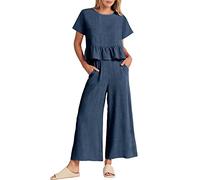 AMDOLE Traje de pantalón para mujer de 2 piezas para mujer 2023 verano manga corta tops de pierna ancha conjunto de pantalones mujer pantalones elegantes, marine, L