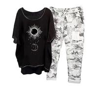 AMDOLE Traje de pantalón para mujer de moda casual estampados camisa de cintura alta con bolsillo suelto pantalones de pieza superior y inferior conjunto de pantalones de mujer, Negro , M